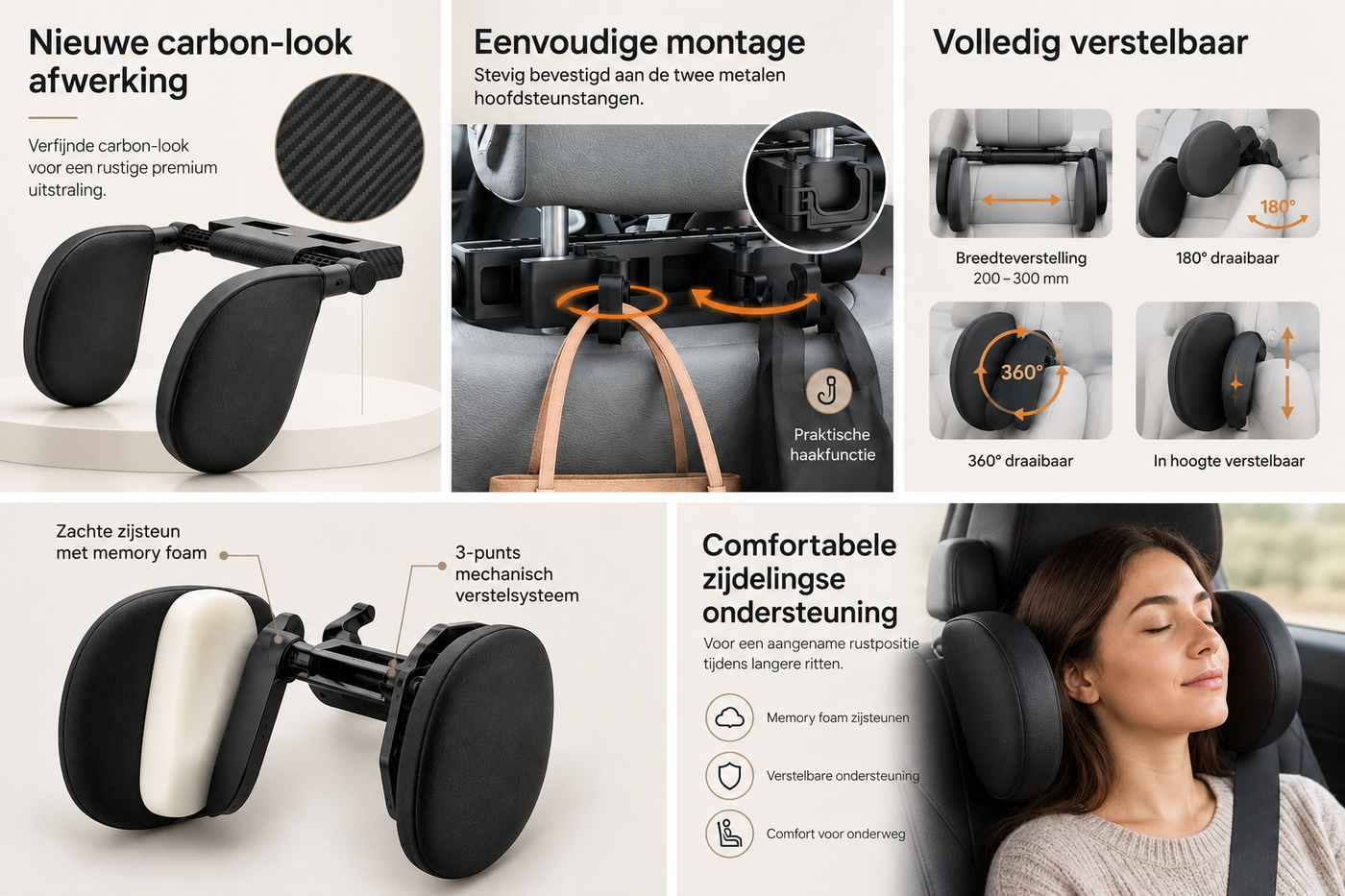 MileRest verstelbare autohoofdsteun: carbon-look, montage, verstelbaarheid en memory foam zijsteunen